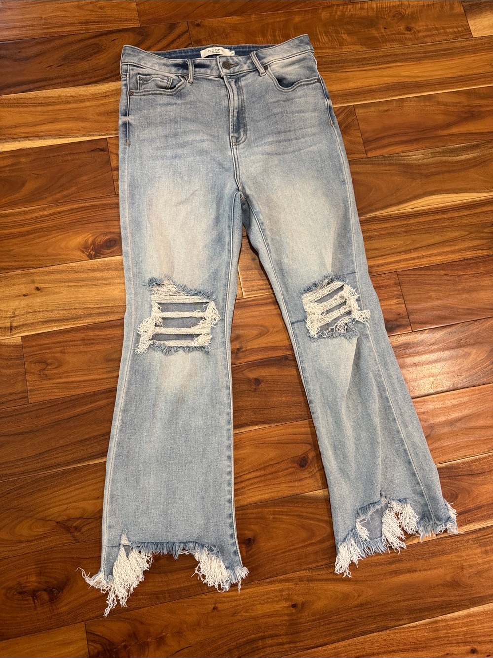 Light Wash Distressed Flare Jeans with Frayed Hem